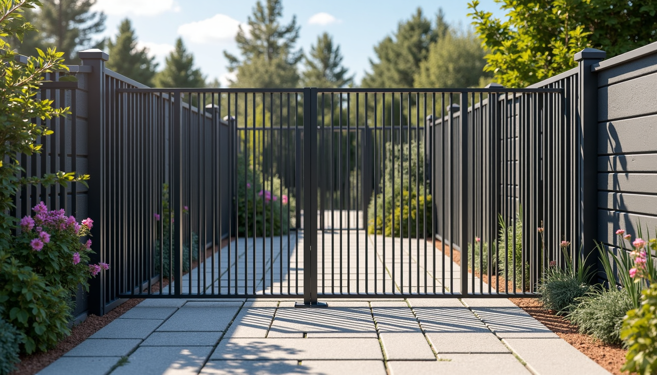 Gard modern din sipca metalica gri antracit, cu un design elegant.