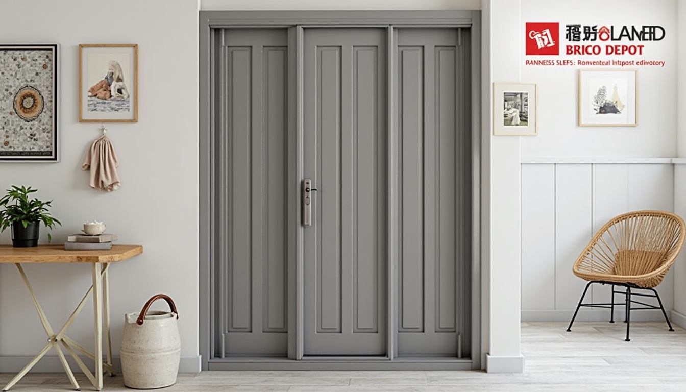 Ilustrație cu un panou de gard metalic instalat într-o curte, cu logo-ul Brico Depot stilizat în fundal și unelte